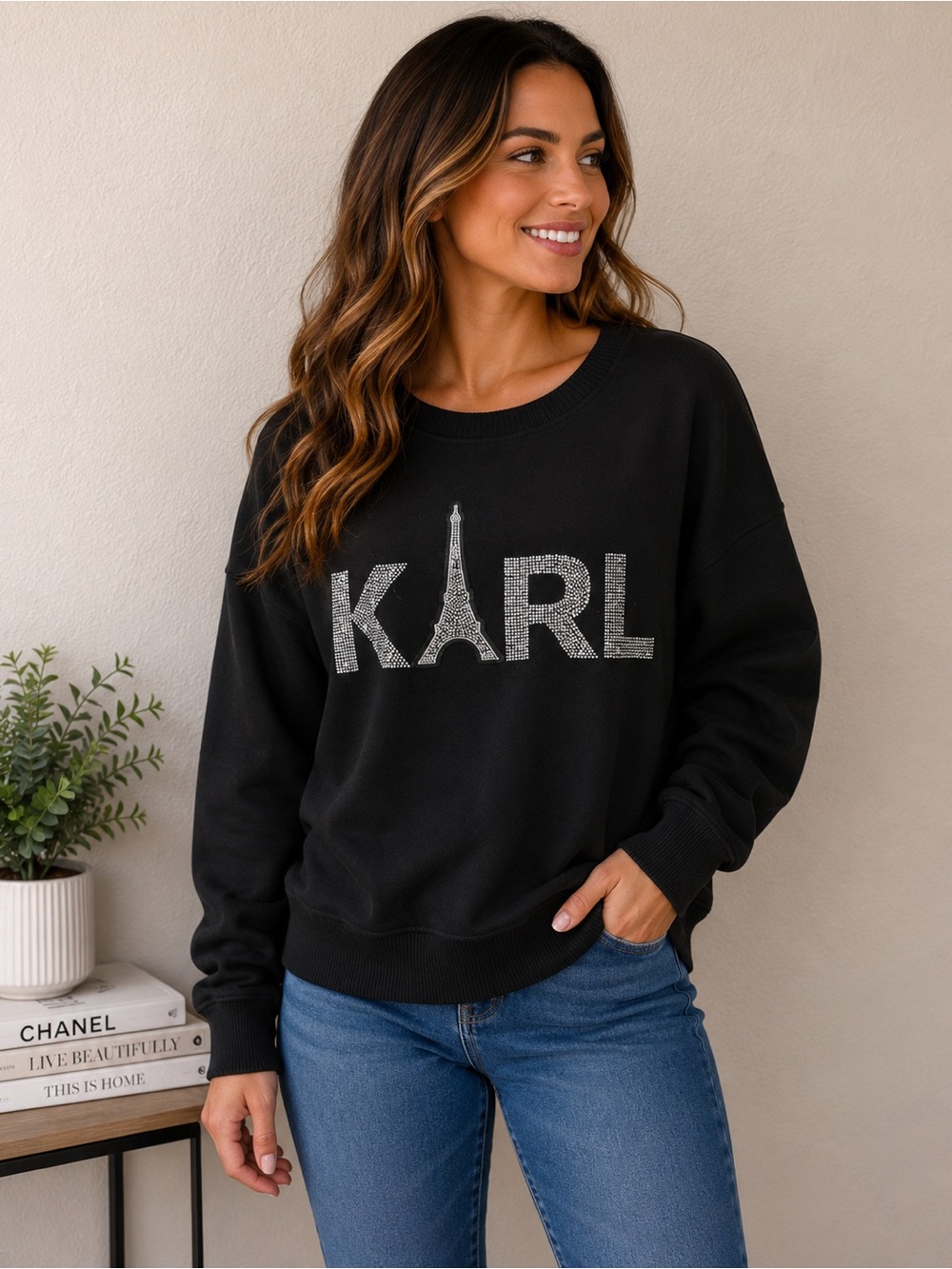 NWT Karl Lagerfeld Paris Rhinestone Eiffel Tower Sweatshirt Black M Oversized
